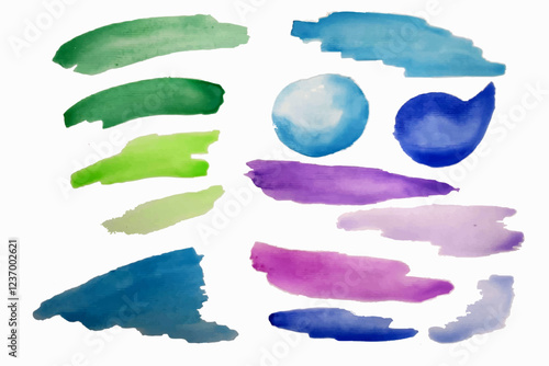 set of watercolor brush strokes of different sizes and colors isolate on a white background