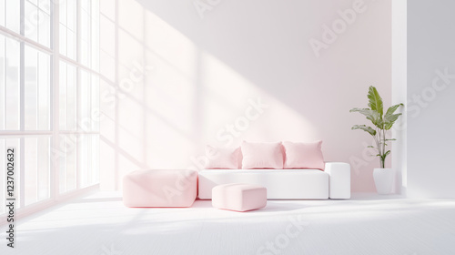Fototapeta Naklejka Na Ścianę i Meble -  empty white violet and pink room wall background 3d render illustration with modern minimalistic architecture cube elements design