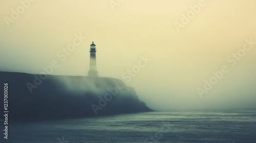 Misty lighthouse on coastal cliff, serene ocean background; ideal for travel, peace, solitude themes photo