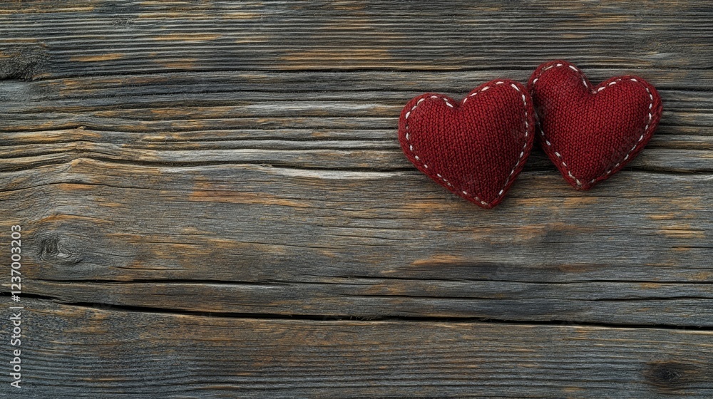 This charming image displays two stuffed fabric hearts resting on a rustic wooden background, symbolizing love and comfort in a warm, homely setting. This charming image displays two stuffed fabric hearts resting on a rustic wooden background, symbolizing love and comfort in a warm, homely setting.