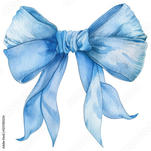 Watercolor blue bow with delicate ribbons on transparent background png isolated