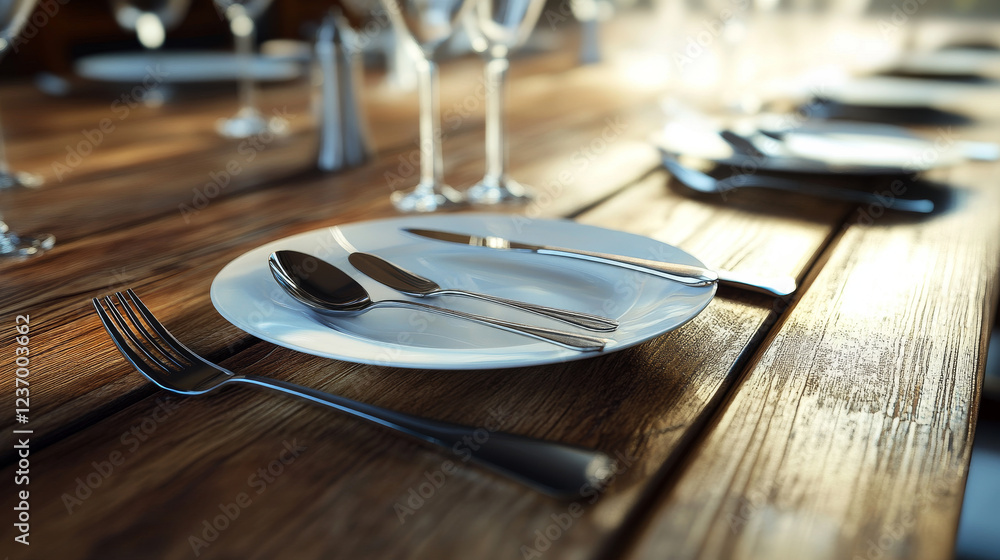 Obraz premium Fork, spoon, knife and plate isolated on wooden table 3d render illustration