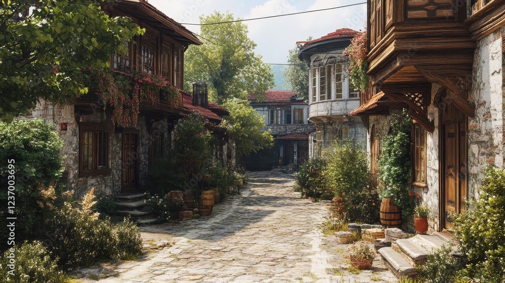 Fototapeta premium Explore the charming streets and historic homes of Odemis Bademli village.
