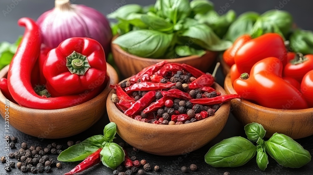 Vibrant Red Peppers, Spices, and Basil: A Culinary Delight Vibrant Red Peppers, Spices, and Basil: A Culinary Delight