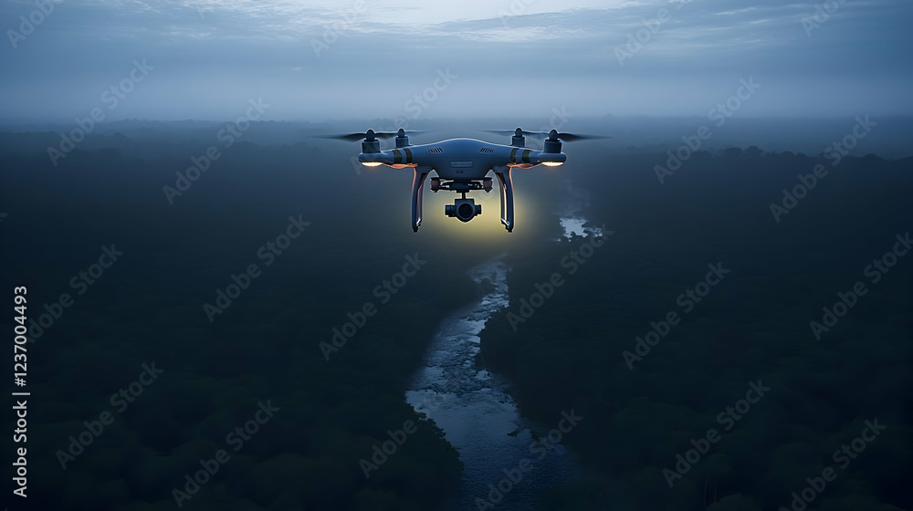 Fototapeta premium Drone aerial view river jungle twilight