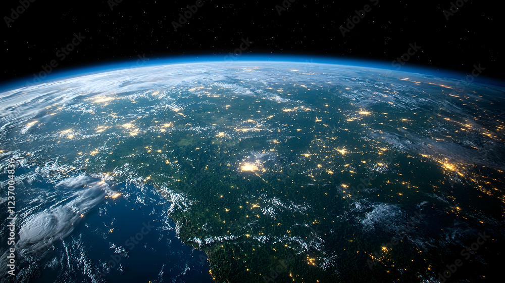 Fototapeta premium Earth at night, city lights, space view, global network, environmental studies