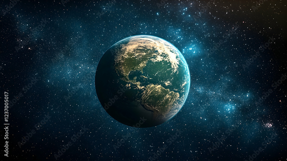 Obraz premium Earth from space, swirling nebula background, cosmic view, science, education