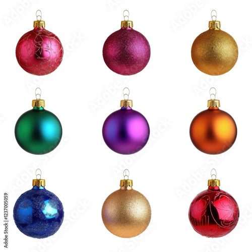 Vibrant assorted christmas ornaments set on transparent background png isolated