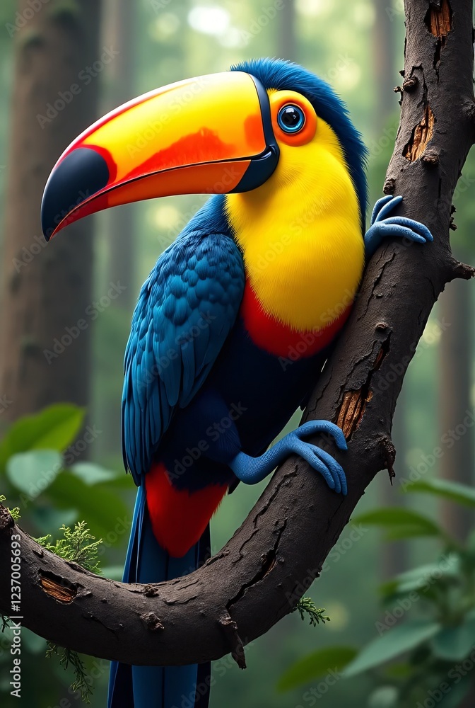 Obraz premium Colorful Toucan Perched on a Tree Branch in Lush Green Forest