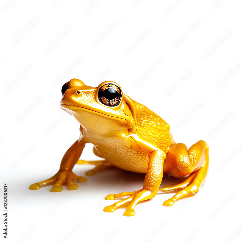 A vibrant yellow frog sits gracefully against a white background, showcasing its unique features and striking color, symbolizing nature's beauty and biodiversity. A vibrant yellow frog sits gracefully against a white background, showcasing its unique features and striking color, symbolizing nature's beauty and biodiversity.