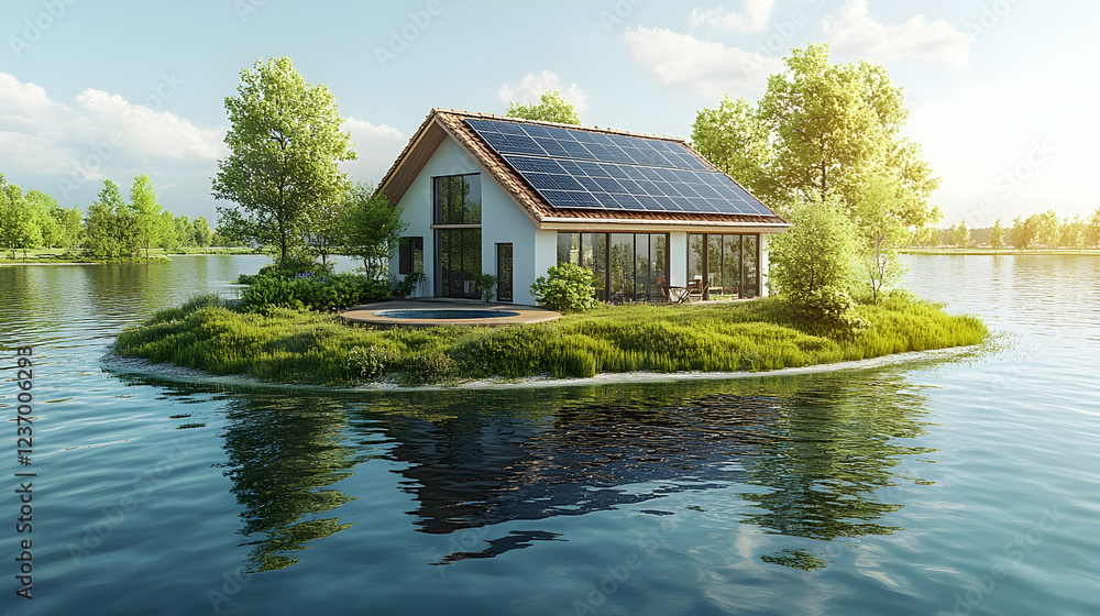 Eco-friendly lake house with solar panels, serene landscape Eco-friendly lake house with solar panels, serene landscape