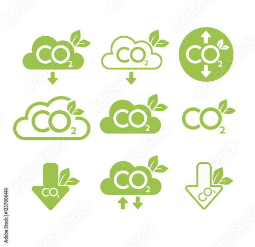 CO2 neutral icon set. Carbon gas emission reduction green labels. Ecology, environment, air pollution improvement concept. Flat Vector