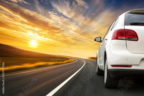 White car on a scenic road. Car on the road surrounded by a magnificent natural landscape.
