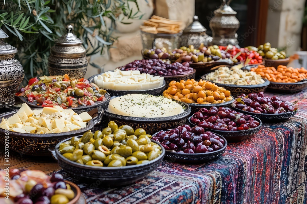 Eid table featuring a colorful array of appetizers, Eid table featuring a colorful array of appetizers,
