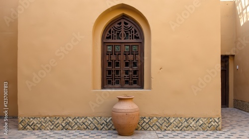 Traditional wooden mashrabiya window framed by desert-colored walls photo