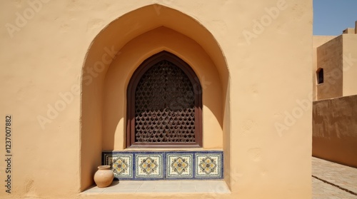 Wooden mashrabiya screen adorns traditional arched window with tiled base photo