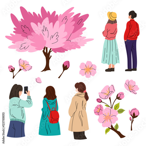 Sakura tree. People watching cherry tree blossom. Hanami. Set illustrations sakura flowers and branches on white background.