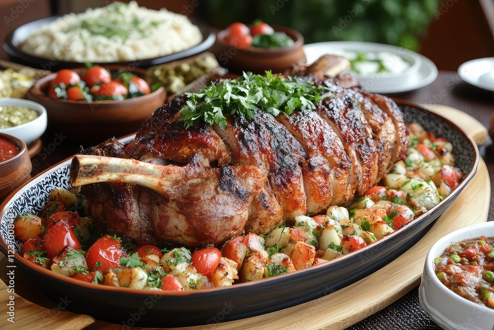 Eid table featuring a large roasted lamb or chicken Eid table featuring a large roasted lamb or chicken