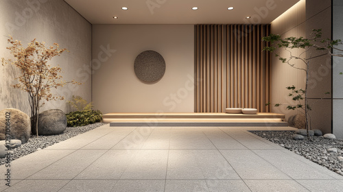 modern abstract architectural pattern wall with stone tiled floor 3d render illustration photo