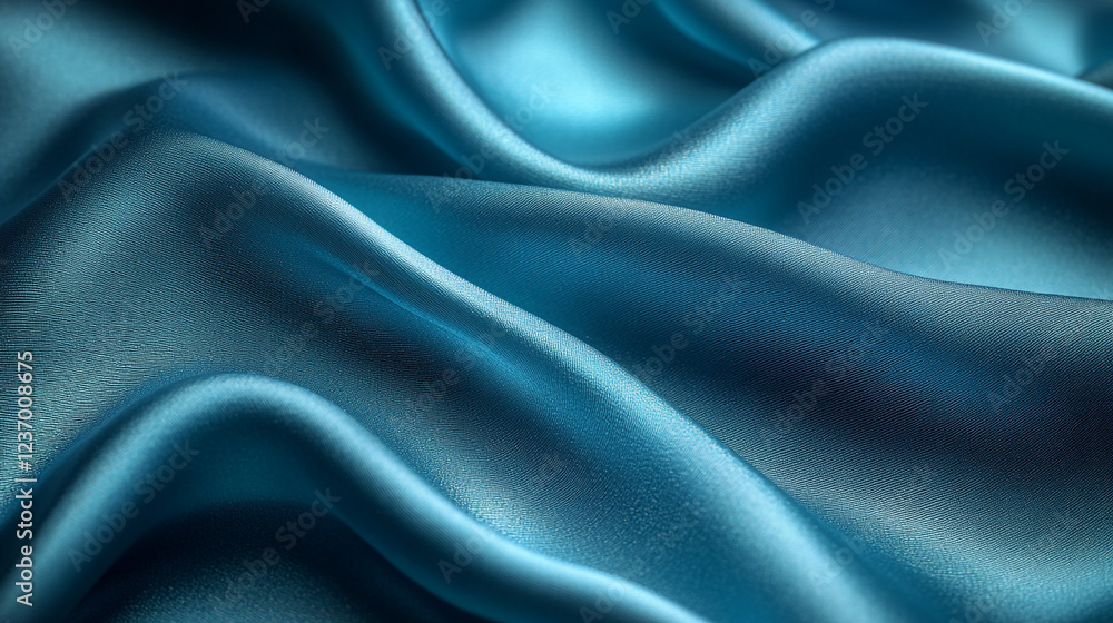 Fototapeta premium Elegant blue satin fabric draped softly in gentle folds and curves on a smooth surface