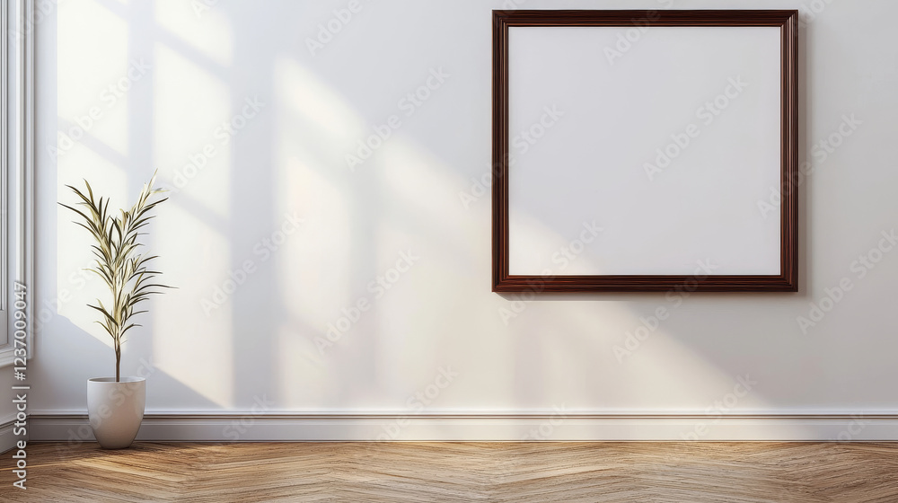 Fototapeta premium wooden picture frame to add your content on a white wall background 3d illustration render with wooden floor