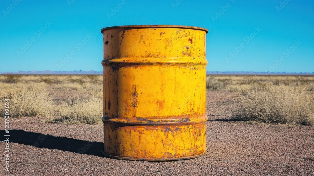 Rusty yellow drum desert landscape industrial waste disposal Rusty yellow drum desert landscape industrial waste disposal