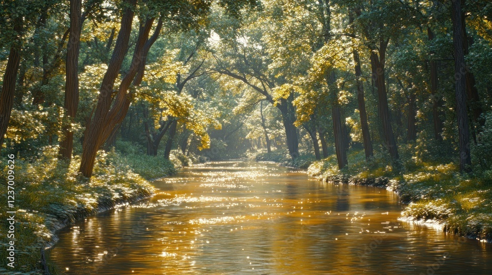 Sunlit river flows through lush green forest Sunlit river flows through lush green forest
