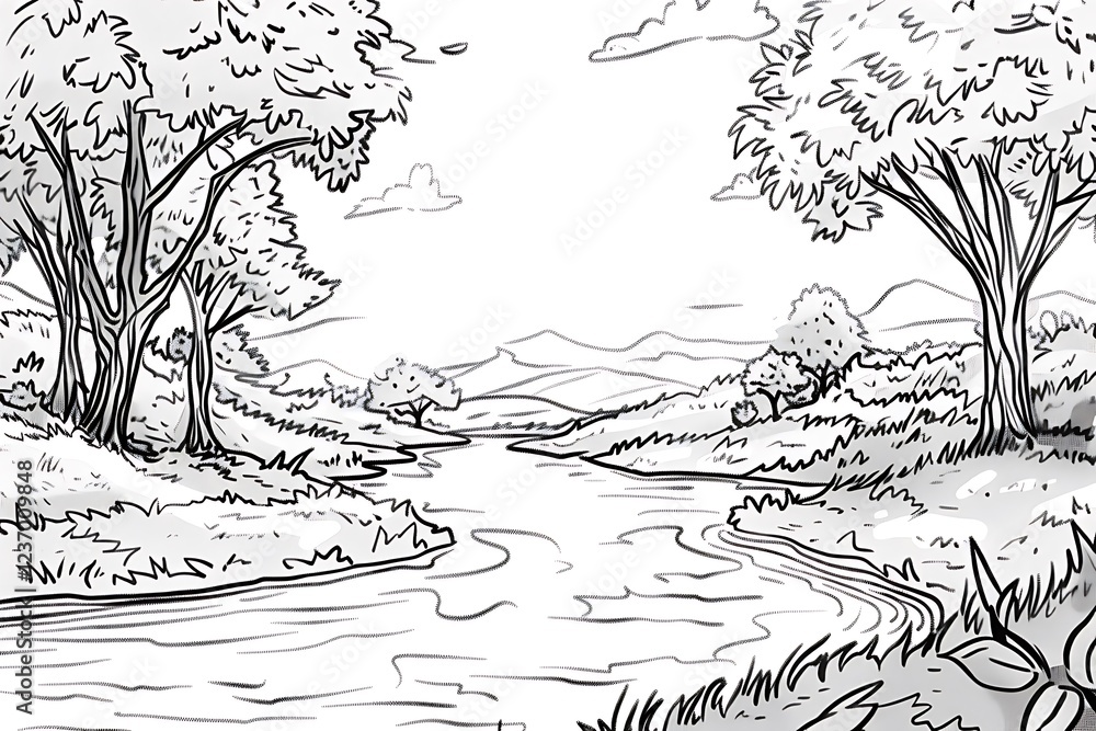 Fototapeta premium Draw a peaceful river winding through a forest using black outlines only, without adding any colors.