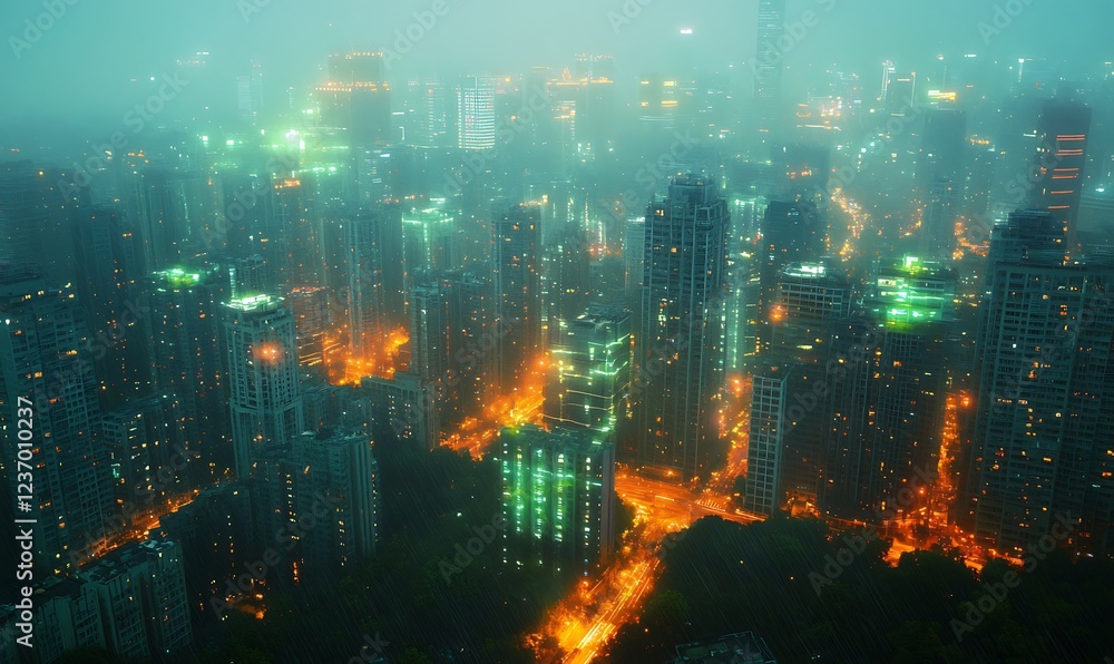 Fototapeta premium Night cityscape shrouded in fog and rain, with orange and green lights illuminating the buildings.