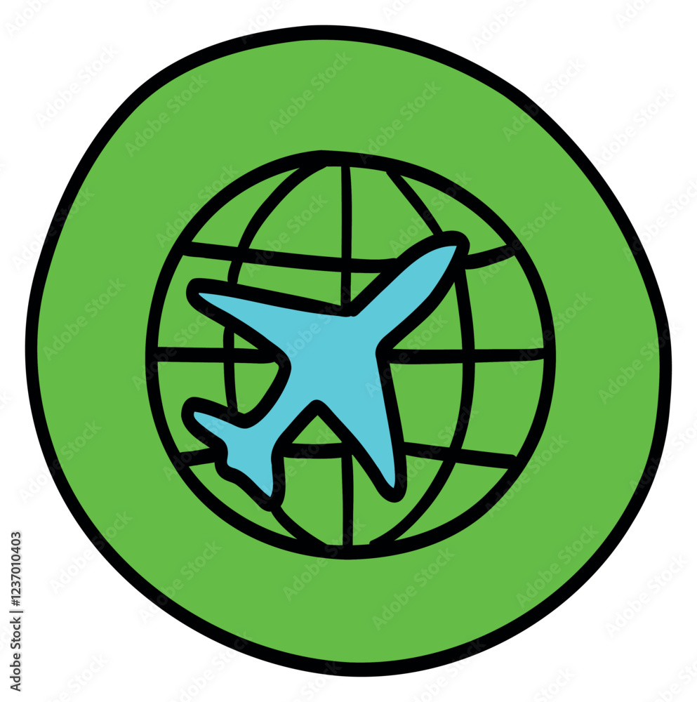Sticker on the theme of travel with an image of an airplane on a globe. Sticker on the theme of travel with an image of an airplane on a globe.