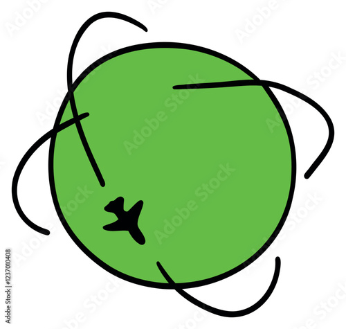 Sticker on the theme of travel with the image of a Planet with an airplane.