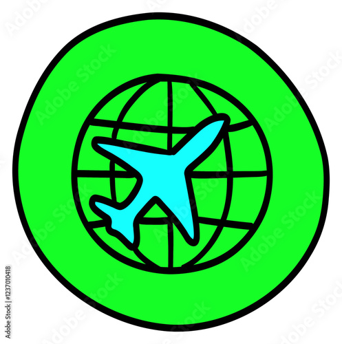 Sticker on the theme of travel with an image of an airplane on a globe.