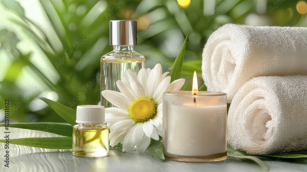 serene spa arrangement featuring essential oils, candle, and towels, surrounded by greenery serene spa arrangement featuring essential oils, candle, and towels, surrounded by greenery