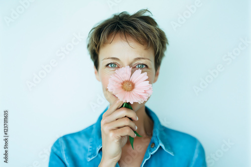 American woman in her 40s wearing a light brown blouse and short hair. She is holding a medium-sized, fully bloomed flower in her well-groomed hands, neutral background.