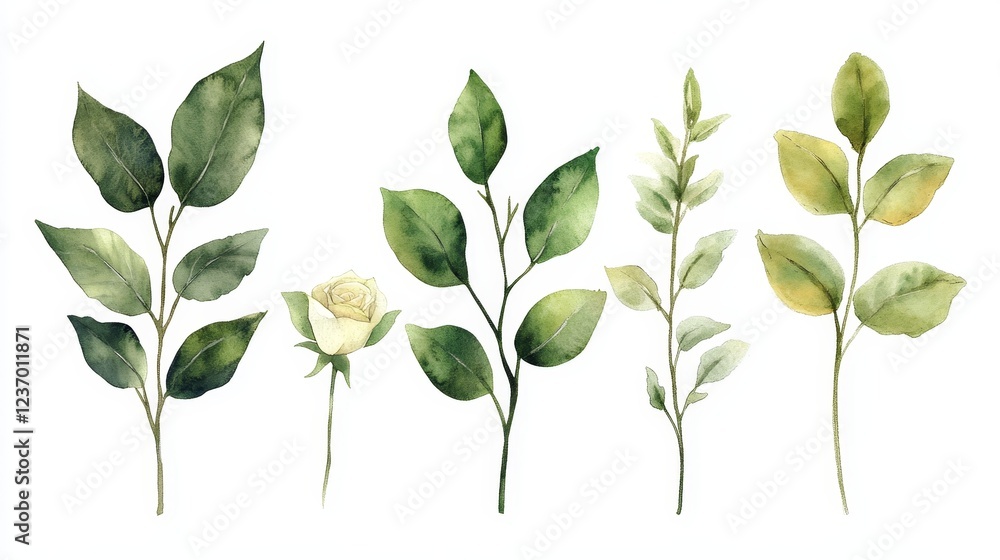 Fototapeta premium Watercolor roses flowers leaves isolated on white background
