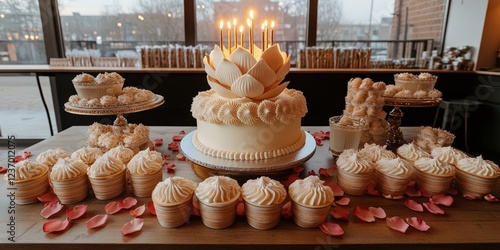 Wallpaper Mural Elegant Wedding Cake Display with Roses and Cupcakes Featuring Ivory Decorations, Romantic Candles, and Rose Petals in a Chic Rustic Setting Torontodigital.ca