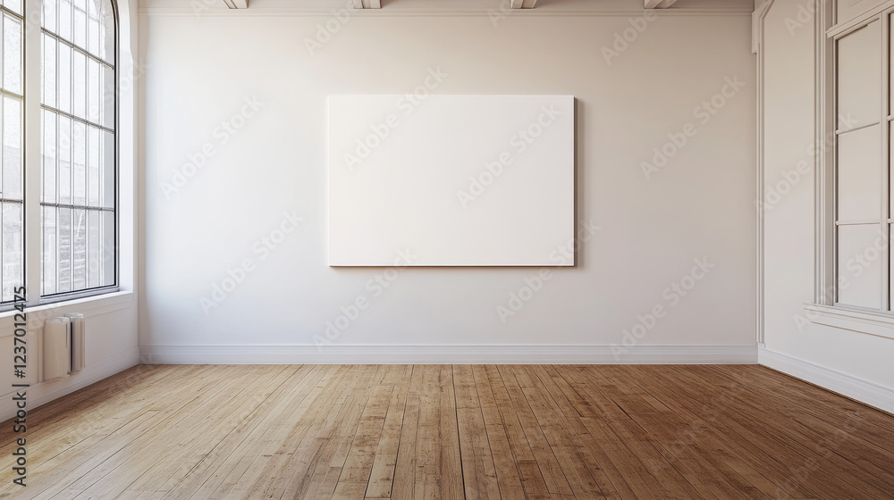 empty canvas on white wall in art gallery with wooden floor exhibtion 3d render illustration mock up template empty canvas on white wall in art gallery with wooden floor exhibtion 3d render illustration mock up template