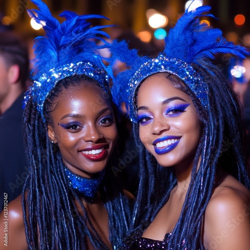 Wallpaper Mural People in colorful costumes, masks, and feathered accessories dance energetically in the streets during the Mardi Gras celebration.In the background, decorated floats, banners, and festive lights. Torontodigital.ca