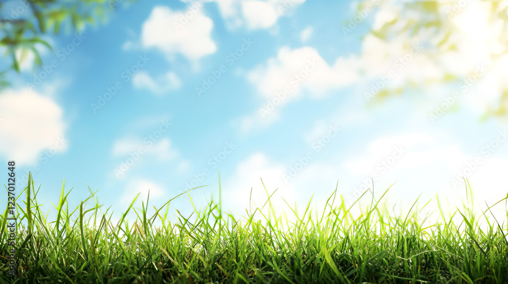 Fototapeta premium art abstract spring or summer background with fresh grass and sunny sky close up with space for your content 3d render illustration