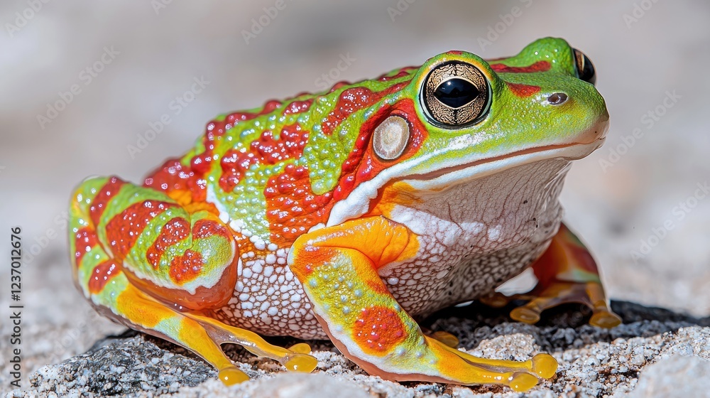 Fototapeta premium Colorful frog on rock, tropical background, nature wildlife