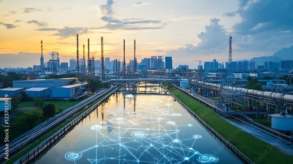 Fototapeta premium Smart industrial park at sunset with digital network overlay on canal.