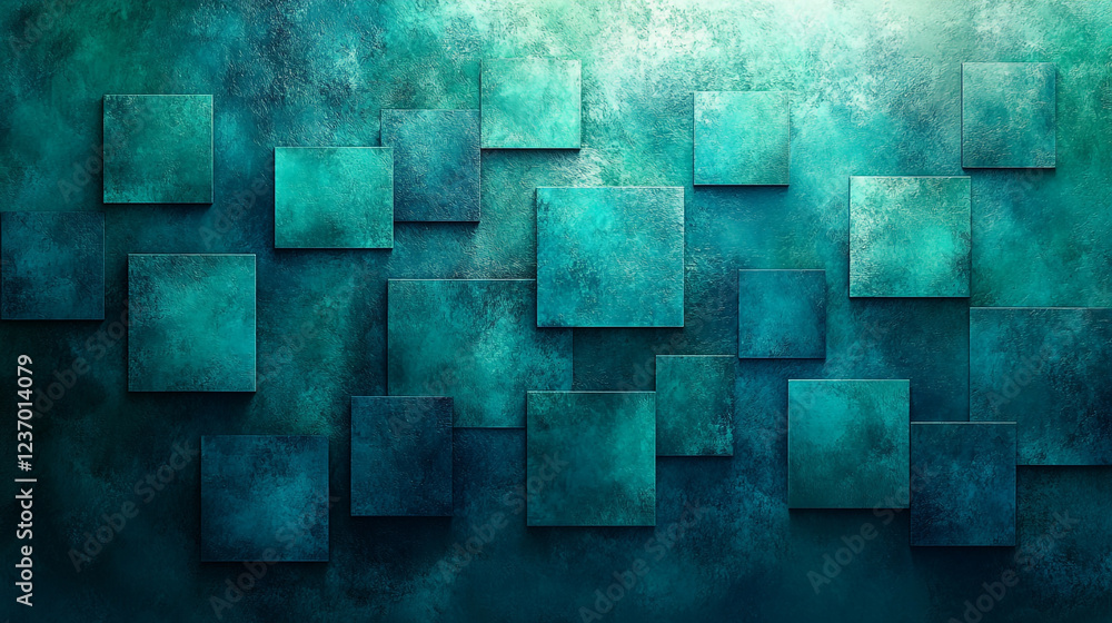 Textured teal wall with abstract square designs enhances modern interior decor Textured teal wall with abstract square designs enhances modern interior decor
