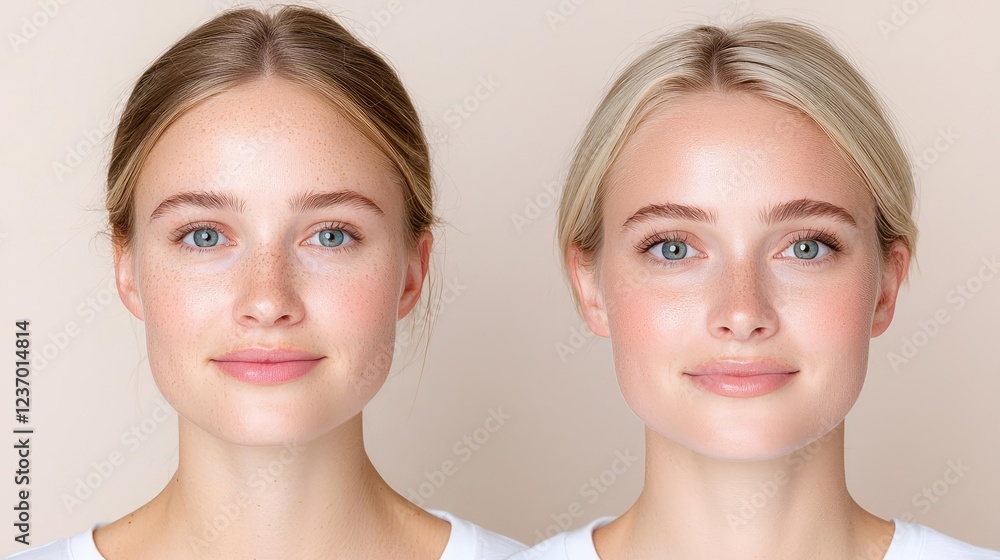 Before & after makeup comparison; young woman's face; studio portrait; beauty Before & after makeup comparison; young woman's face; studio portrait; beauty
