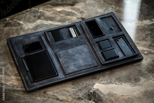 Charcoal grey leather tech pouch with custom compartments for gadgets, perfect for tech aficionados.
