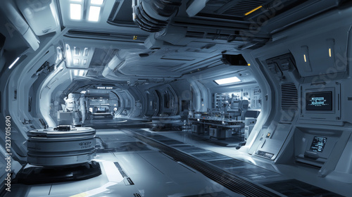 Fototapeta Naklejka Na Ścianę i Meble -  modern futuristic technology station space ship sci-fi laboratory 3d render illustration