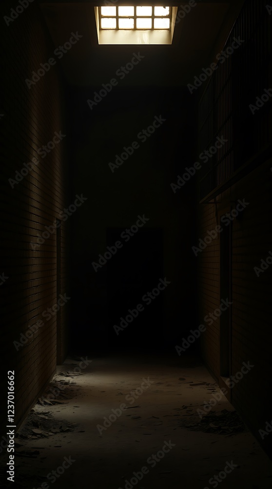 Mysterious corridor illuminated by overhead skylight in dimly lit environment Mysterious corridor illuminated by overhead skylight in dimly lit environment