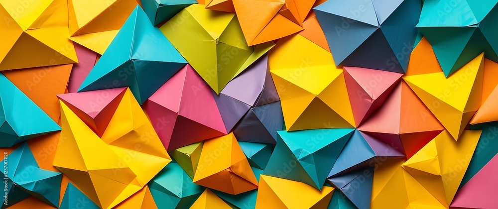 Colorful arrangement of geometric paper shapes in a dynamic design Colorful arrangement of geometric paper shapes in a dynamic design