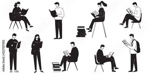 Silhouette illustration of people of varying genders and ages engaged in reading