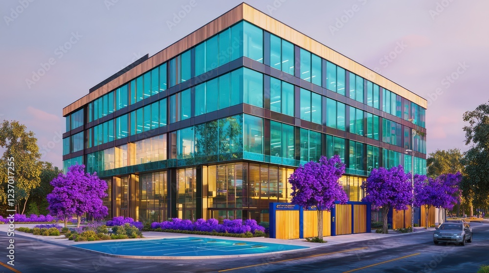 A sleek office building in Throne, Canada, rendered with turquoise glass windows and golden oak wood accents A sleek office building in Throne, Canada, rendered with turquoise glass windows and golden oak wood accents