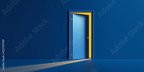 open blue door isolated on blue background, yellow light going through the slot.
